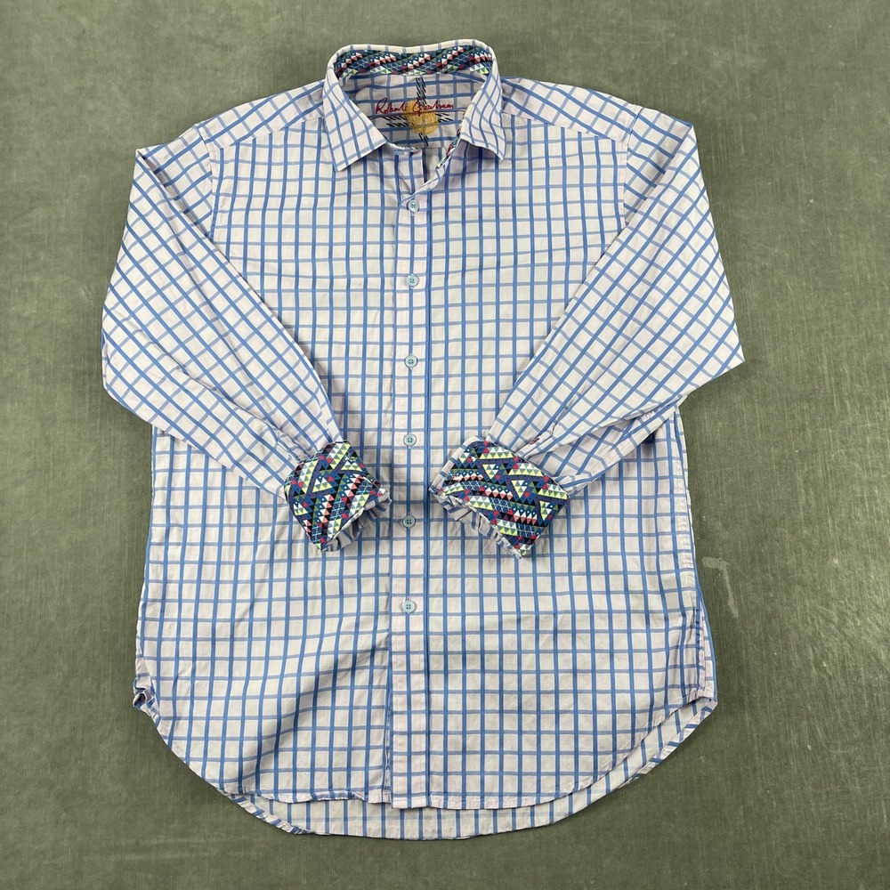 Robert Graham Mens M Blue White Grid Button Down Shirt Contrast Cuffs